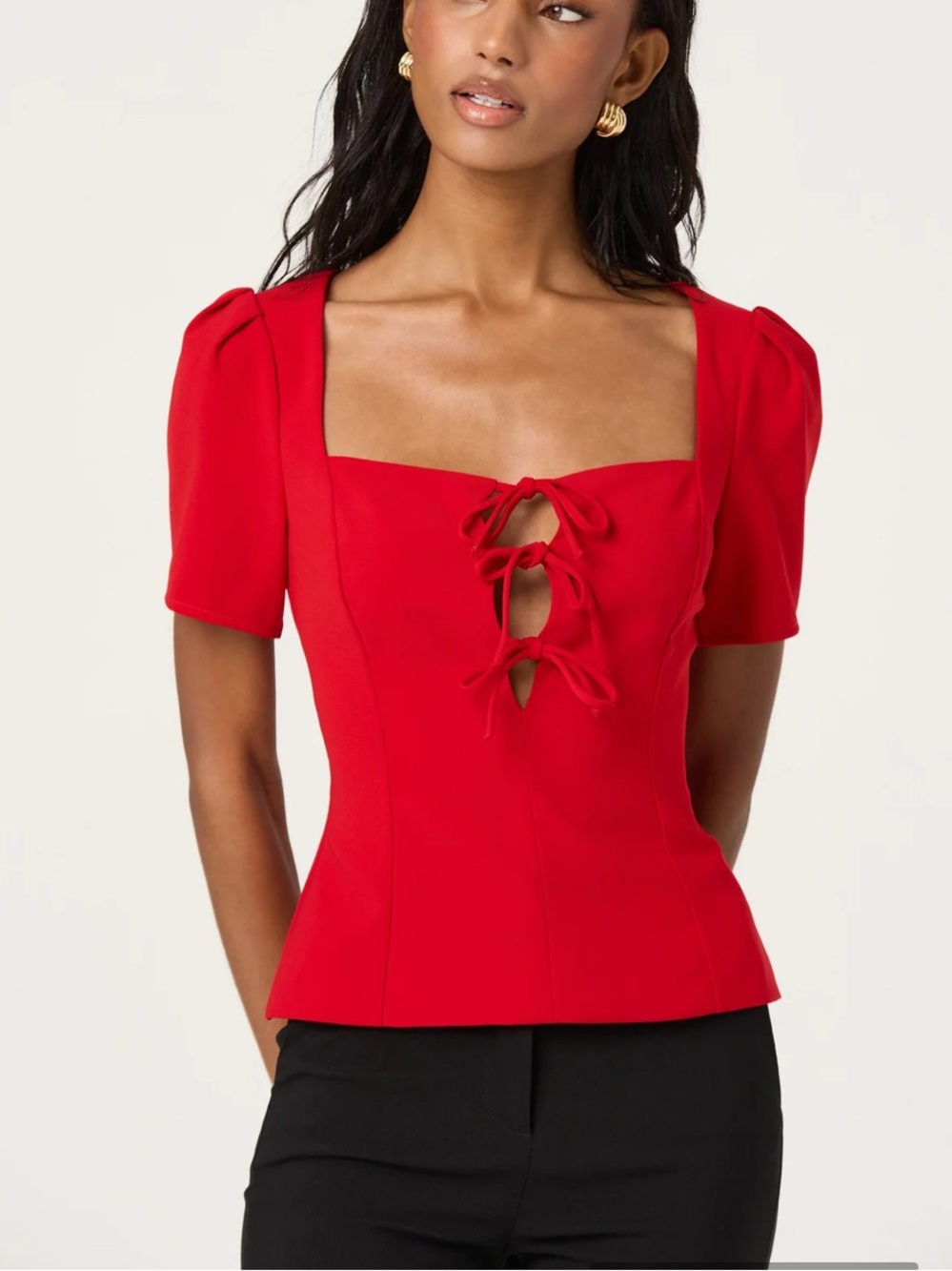 ASTR The Label Black Tie Front Puff Sleeve Top XS NWT